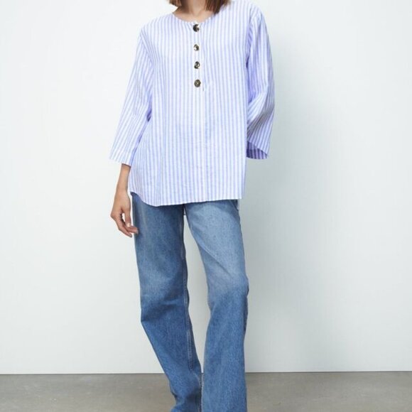ZARA Blue and White Linen Blend Tunic Top Blouse with Gold Button Detail. Size S - Picture 3 of 14